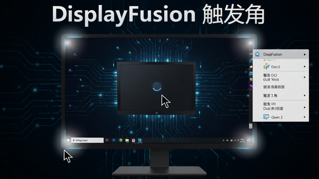 DisplayFusion 触发角功能示意,主体为电脑屏幕四角高亮显示,鼠标光标移动至角落,弹出功能菜单,背景为深色科技感,风格现代,文字标注“DisplayFusion 触发角”,画质高清干净