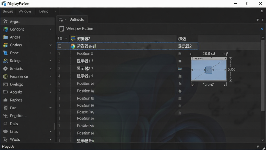 主体:DisplayFusion软件界面截图,显示窗口管理设置面板。布局:左侧为功能列表,右侧为详细的窗口规则配置区域。排版:界面采用深色主题,文字清晰,规则列表有序排列。风格:现代化、简洁、专业。细节:窗口中展示了一条规则,例如“浏览器”绑定到“显示器2”,并附有位置坐标示意图。画质:高分辨率,UI细节锐利,干净,无多余元素。