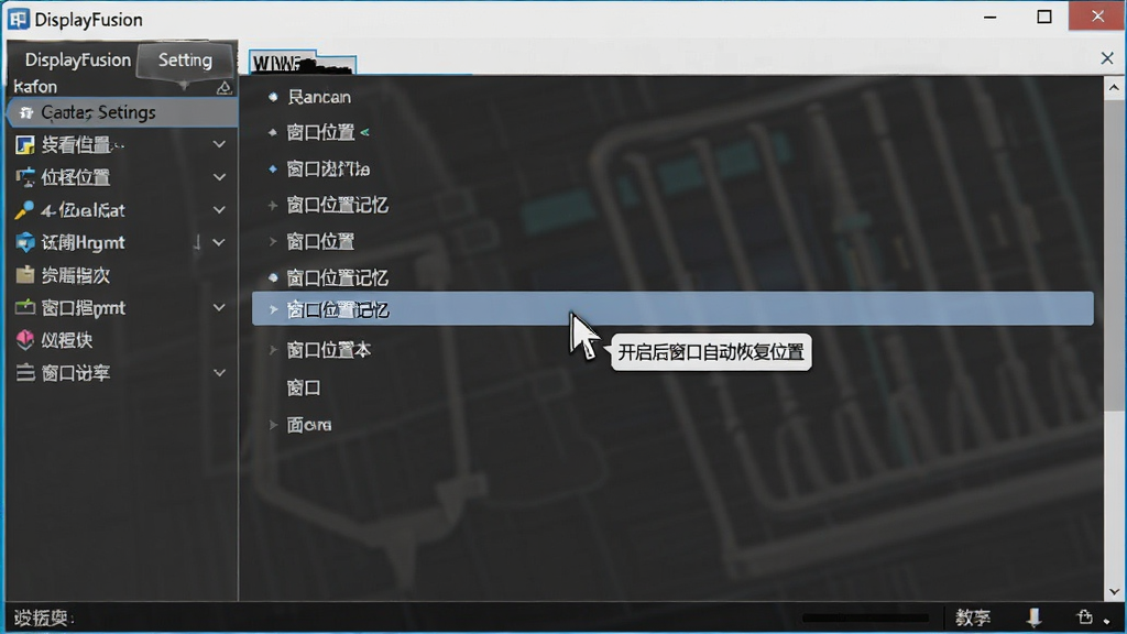 主体:电脑屏幕显示DisplayFusion的设置界面,鼠标指针悬停在“窗口位置记忆”选项上。布局:设置界面占据大部分画面,左侧为导航栏,右侧为具体选项。排版:界面清晰,选项文字可辨。风格:教学、直观、友好。细节:鼠标指针旁有一个小气泡提示“开启后窗口自动恢复位置”。画质:高清,UI清晰,干净,无多余元素。