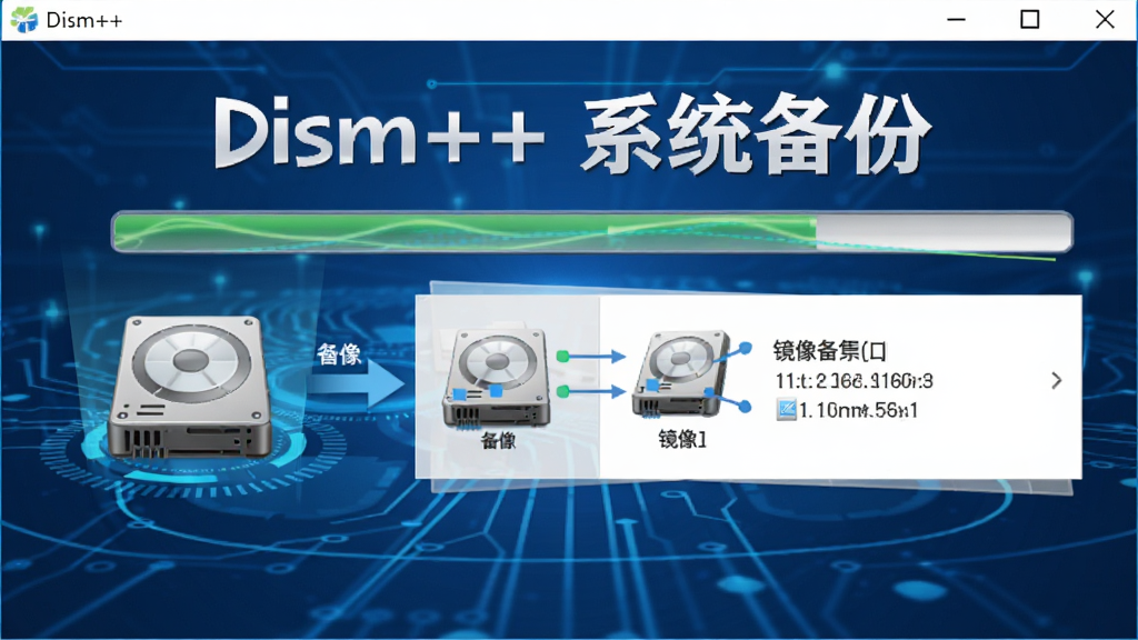 Dism++系统备份还原界面,显示备份进度条和镜像文件信息,背景为蓝色科技感风格,界面有硬盘图标和备份数据流向图,文字