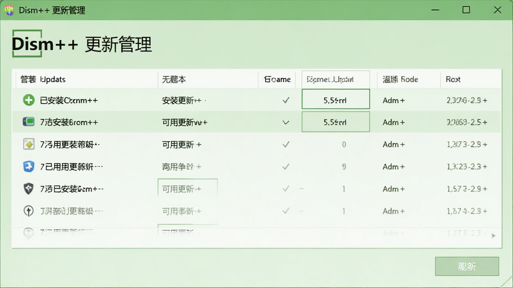 Dism++系统更新管理界面,显示更新列表,有已安装更新和可用更新选项,界面有刷新按钮,背景为浅绿色,文字