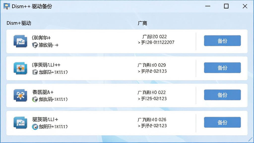 Dism++驱动备份界面,显示驱动列表,每个驱动带厂商和版本信息,有备份按钮,界面为卡片式布局,背景为淡蓝色,文字