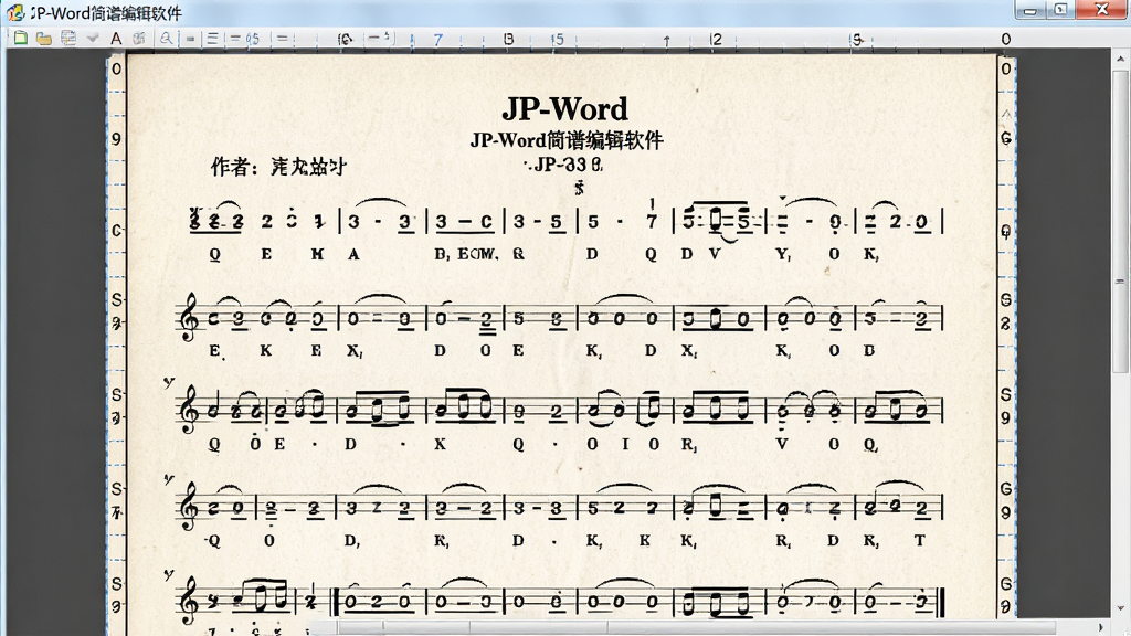 主体:JP-Word简谱编辑软件打印预览界面,展示一页完整的简谱乐谱,布局:页面居中显示,四周有页边距参考线,排版:乐谱行距均匀,标题与作者信息位于顶部,风格:纸质印刷质感,细节:音符、歌词清晰可辨,文字标签显示“JP-Word简谱编辑软件”,画质:高分辨率,干净,无多余元素。