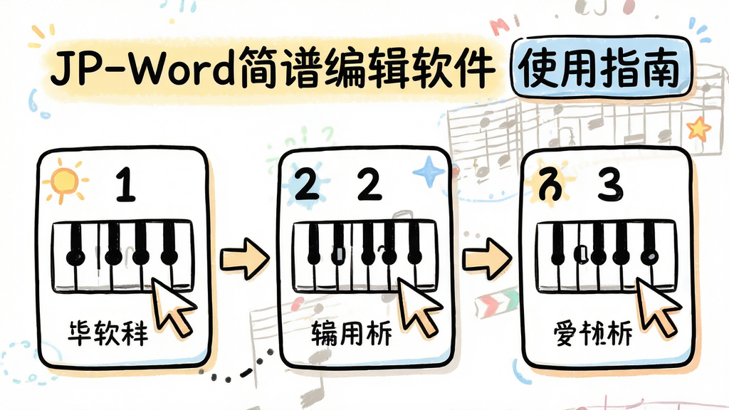 主体:JP-Word简谱编辑软件使用教程示意图,展示输入音符的步骤流程,布局:分步骤卡片式排列,每步有箭头连接,排版:步骤序号与说明文字清晰,风格:手绘卡通风格,细节:鼠标光标指示点击位置,文字标签显示“JP-Word简谱编辑软件 使用指南”,画质:明亮,干净,无多余元素。