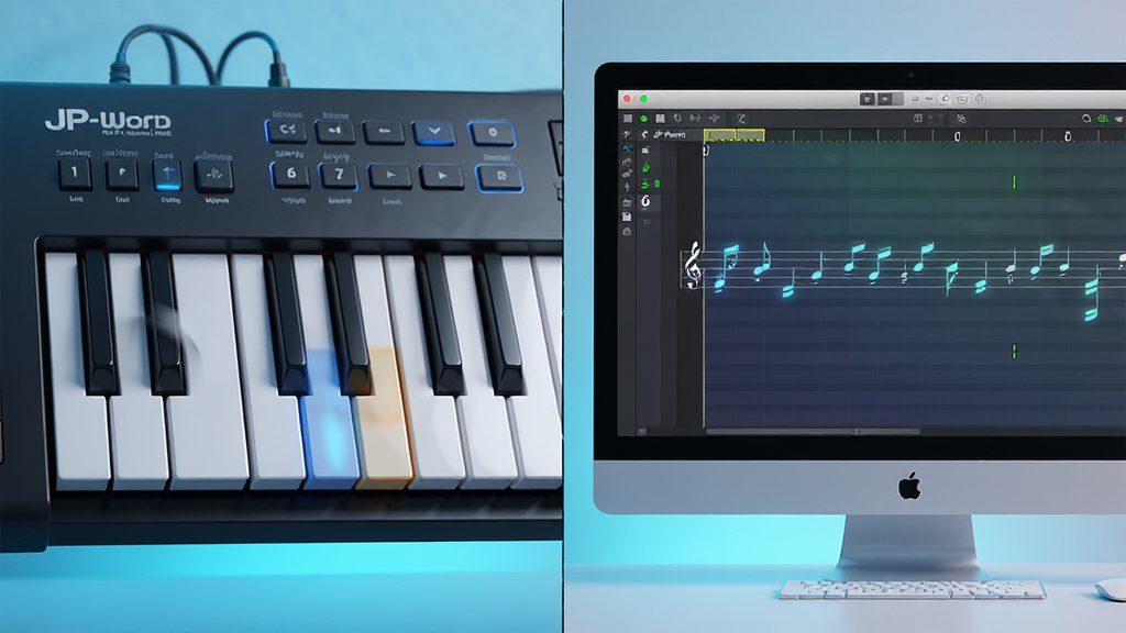 主体:JP-Word简谱编辑软件的MIDI键盘输入场景。布局:画面左侧为MIDI键盘,右侧为电脑屏幕上的简谱编辑界面,音符随弹奏实时录入。排版:采用左右分屏构图,突出硬件与软件的联动。风格:科技感与音乐感融合,色调明亮。细节:键盘上的琴键有按压动作,屏幕上的音符呈现高亮闪烁效果。画质:高清,画面干净,无多余元素。