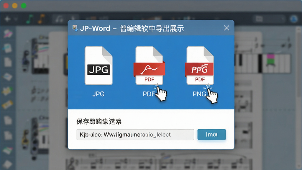 主体:JP-Word简谱编辑软件的导出功能展示。布局:画面中央是导出格式选择对话框,列出了JPG、PDF、PNG等格式图标,下方是保存路径选择。排版:居中构图,简洁明了。风格:扁平化设计,色彩鲜明。细节:每个格式图标下方有对应的文件后缀名标注,鼠标悬停在PDF图标上。画质:高清,画面干净,无多余元素。