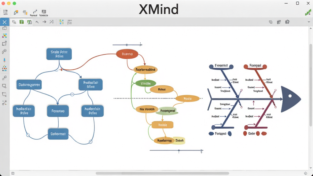 一张XMind软件功能展示图,画面中一张画布上同时包含逻辑图、时间轴和鱼骨图三种结构,各结构用不同颜色区分,节点间有流畅的连接线,背景为浅灰色工作区,上方有“XMind”字样,整体风格专业清晰,高画质,干净无多余元素