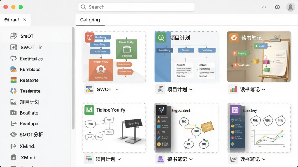 XMind软件模板库界面截图,左侧为模板分类列表,右侧展示多个精美模板缩略图,如SWOT分析、项目计划、读书笔记等,每个模板都带有彩色图标和名称,界面简洁明了,顶部有搜索框,整体风格清爽,高画质,干净无多余元素