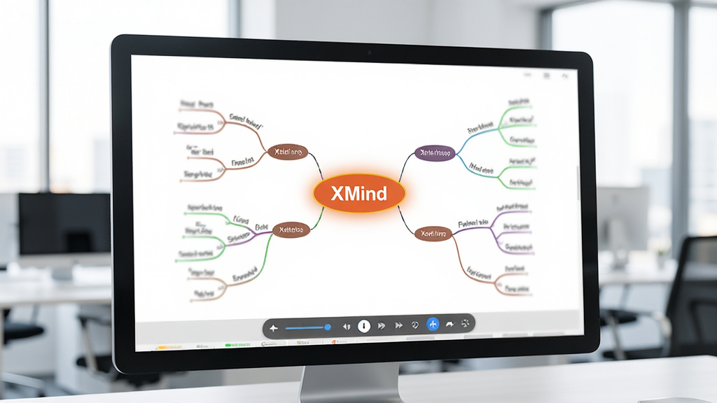 XMind演示模式运行场景图,电脑屏幕上一张思维导图正在全屏演示,当前主题节点高亮放大,周围其他分支淡出,下方有控制条,画面明亮,背景为办公室环境,整体风格专业,高画质,干净无多余元素
