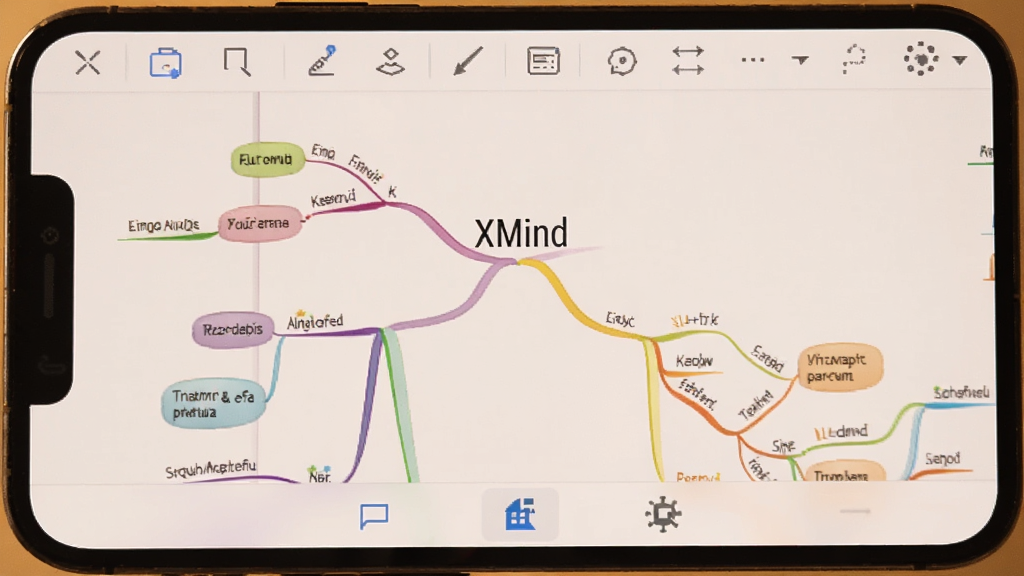 一张XMind软件在手机上的使用截图,屏幕显示思维导图编辑界面,中心主题“XMind”清晰可见,下方有多个彩色分支,顶部有工具栏图标,底部有导航按钮,整体界面简洁,画质清晰,暖色调背景,无多余元素。