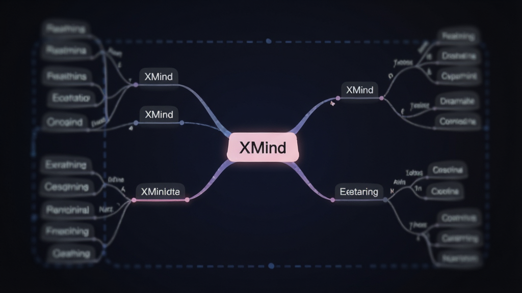 一张XMind软件全屏演示模式的截图,画面中央是一张放大的思维导图,中心主题“XMind”下方延伸出多个子主题,当前选中的分支高亮显示,周围分支半透明虚化,背景为深色渐变,整体聚焦效果强,画质细腻,无多余界面元素。