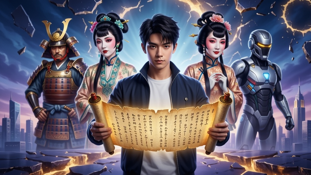 游戏主视觉图,画面中央一位现代装束的青年手持发光的古老契约卷轴,身后浮现出古代武士、民国名伶、未来战士等不同时代的幻影,背景是破碎的时间裂缝与城市天际线,整体色调以蓝紫与金色为主,光影层次丰富,细节精致,风格介于写实与幻想之间,画质高清,干净无多余元素