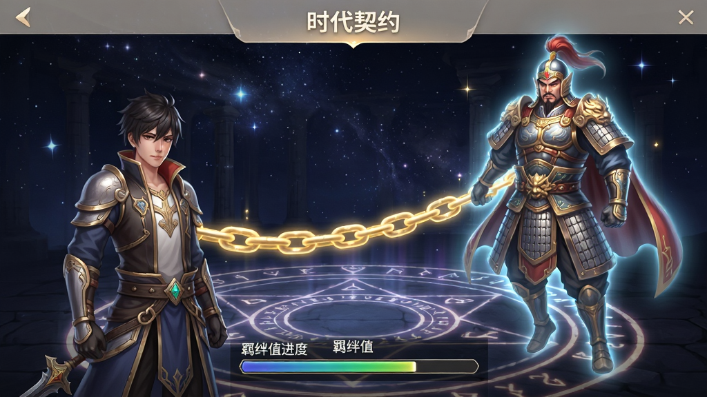 《时代契约》契约缔结界面,界面左侧是玩家角色,右侧悬浮着一位身披铠甲的古代将军英灵,两人之间有一条发光的金色锁链连接,下方显示羁绊值进度条,背景是星空下的契约法阵,UI设计简洁清晰,风格唯美,画质细腻,干净无多余元素
