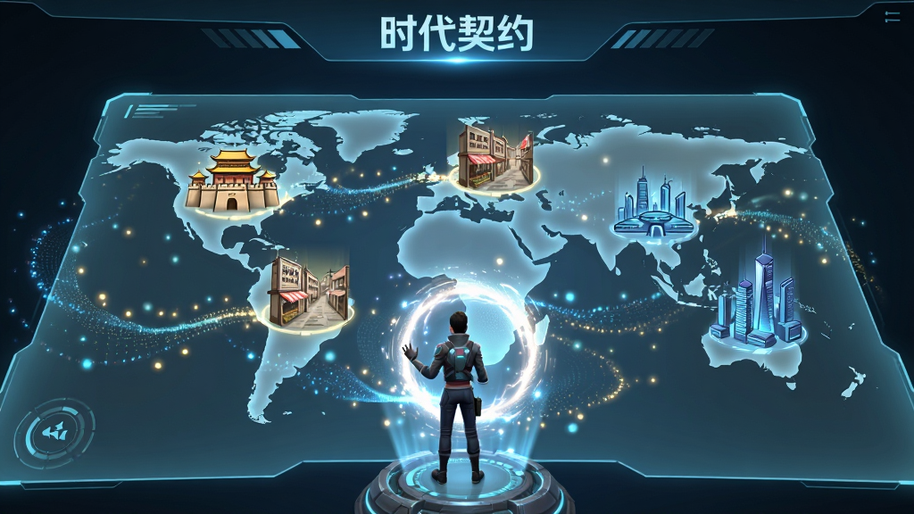 《时代契约》时空地图界面,中央是一张半透明的世界地图,上面标记着不同时代的节点图标,如古代城池、民国街道、未来都市,玩家角色站在一个发光的传送门旁,周围有流动的光点特效,UI风格科幻感强,画面明亮,细节丰富,画质干净