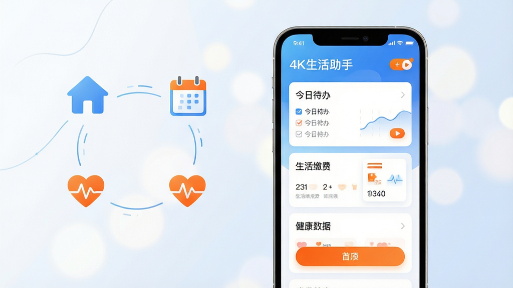 主体:若客生活助手App的官方宣传主视觉图,画面中央是一部智能手机,屏幕显示软件主界面。布局:手机位于视觉中心偏右,左侧留白区域以抽象线条勾勒出房子、日历、健康心形等生活元素图标。排版:主界面采用卡片式布局,清晰展示“今日待办”、“生活缴费”、“健康数据”等模块,色彩以清新的蓝白渐变为主,搭配活力橙色强调功能按钮。风格:现代扁平化设计,光影柔和,具有科技感与亲和力。细节:手机屏幕内容清晰锐利,界面图标精致,背景采用柔和的散景光斑效果。画质:4K高清渲染,干净无多余元素。