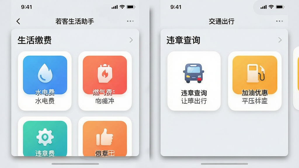 主体:若客生活助手软件功能界面截图拼接图。布局:采用左右分屏布局,左侧展示“生活缴费”界面,包含水电费、燃气费等图标;右侧展示“交通出行”界面,显示违章查询和加油优惠入口。排版:每个功能模块以圆角卡片呈现,图标色彩鲜明,配有简短的文字说明。风格:界面清爽简洁,遵循移动端设计规范,信息层级分明。细节:屏幕之间用微妙的投影分隔,背景为浅灰色,突出界面内容。画质:高清,细节饱满,无多余元素。