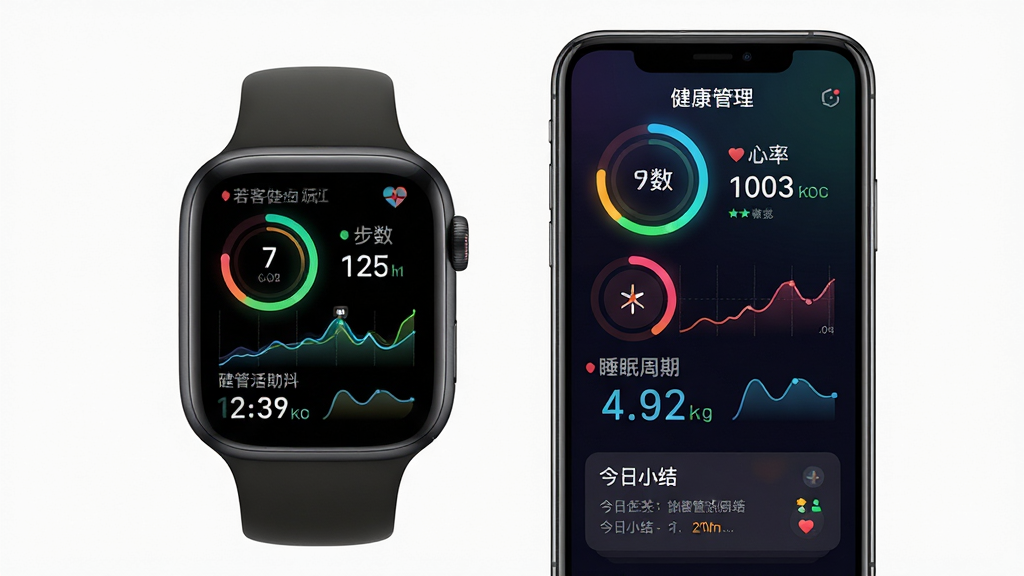 主体:若客生活助手“健康管理”功能模块的界面设计图。布局:画面主体为一块智能手表和手机并排摆放,屏幕同步显示健康数据界面,包含步数、心率和睡眠周期的环形图表。排版:数据以彩色环形进度条和折线图呈现,底部有“今日小结”文字卡片。风格:科技感与运动风格结合,背景为深色渐变,凸显数据的光效。细节:图表数据清晰,手表与手机屏幕内容联动,体现生态化设计。画质:高分辨率,光影效果真实,画面干净。