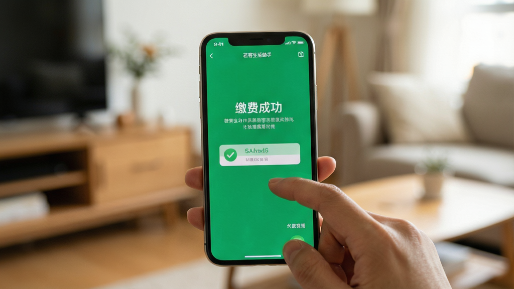 主体:用户手持手机展示若客生活助手的使用场景。布局:画面聚焦于手机屏幕,屏幕显示“缴费成功”的绿色提示页面,背景是模糊的客厅环境。排版:手机位于画面中央,屏幕内容清晰可辨,顶部状态栏显示时间。风格:生活化摄影风格,自然光线,画面真实温暖。细节:用户的手指轻触屏幕,焦点集中在支付成功界面。画质:高清,景深效果自然,画面干净无杂乱元素。