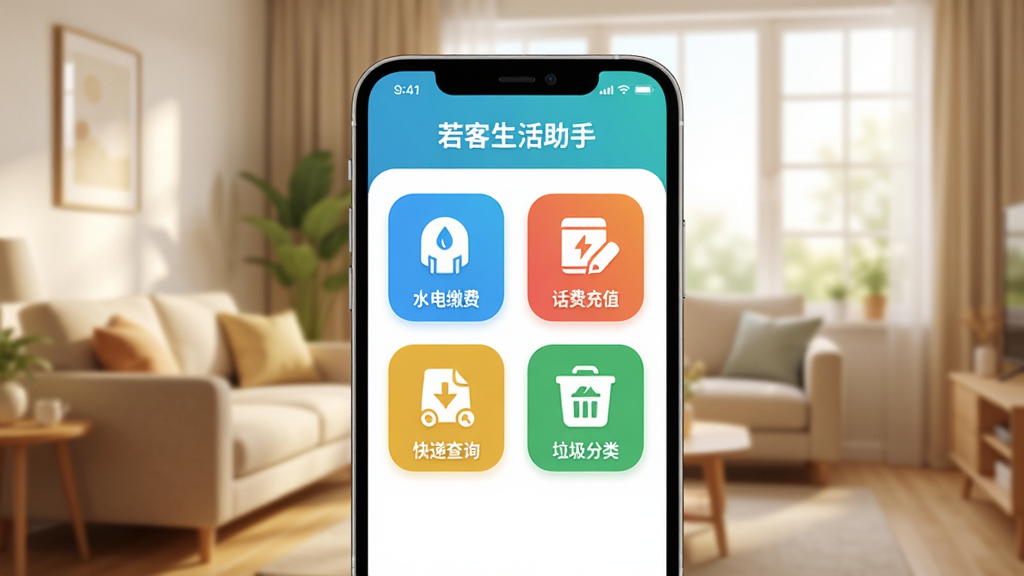 高清数字渲染风格,前景展示一部智能手机屏幕,屏幕上清晰显示“若客生活助手”主界面,界面包含水电缴费、话费充值、快递查询、垃圾分类等彩色功能图标,背景为温馨的客厅环境,柔和的自然光从窗户洒入,画面干净明亮,主体突出,布局居中,画质细腻,无多余元素。