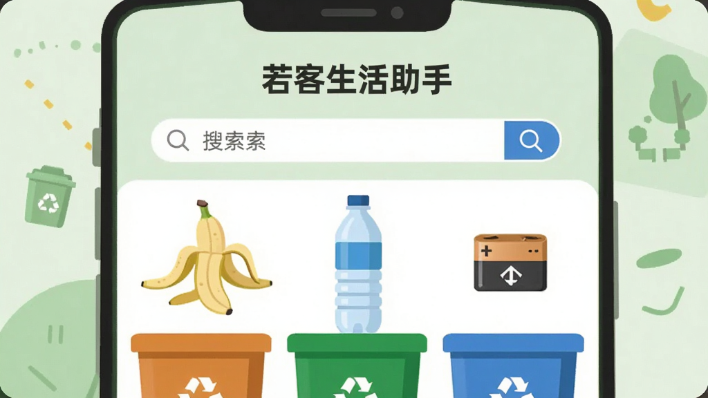 扁平化设计风格,展示“若客生活助手”垃圾分类指南界面,屏幕上有搜索框和几种垃圾的实物图片,如香蕉皮、矿泉水瓶、废旧电池,分别对应不同颜色的分类桶,背景为淡绿色简约图形,主体突出,布局清晰,画质干净,无多余元素。