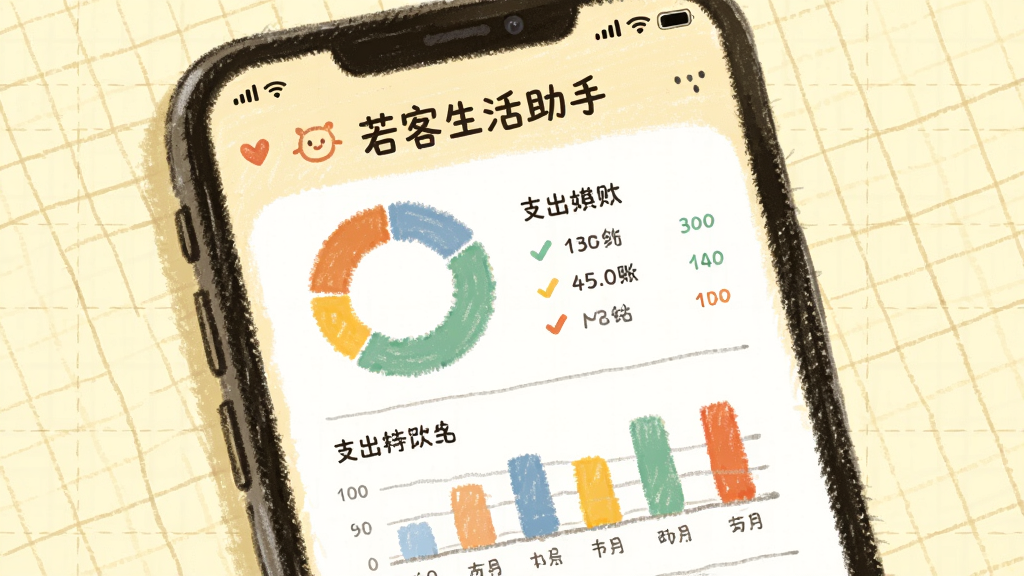 清新手绘风格,画面展示“若客生活助手”记账本界面,屏幕上有圆形统计图表和彩色条形图,显示各项支出比例,背景为淡黄色网格纸纹理,有手绘风格的笔触,整体可爱温馨,主体居中,画质细腻,无多余元素。