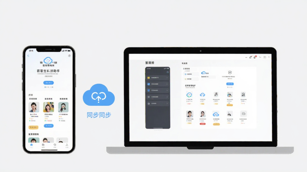 现代扁平风格,展示“若客生活助手”在手机和电脑上的使用场景,左侧手机屏幕显示应用主界面,右侧笔记本电脑屏幕显示同一应用,中间有云同步的图标,背景为干净的浅灰色,整体画面简洁、主体突出、布局均衡,画质清晰,无多余元素。