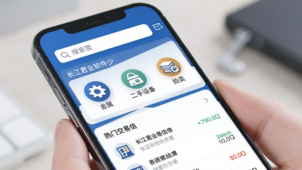主体:长江君业软件界面在手机屏幕上显示,界面以蓝色和白色为主色调,顶部有搜索栏,中间是循环资源的分类图标如金属、二手设备、拍卖等,下方有热门交易信息列表,整体布局清晰简洁,风格现代商务,细节包括图标精致、文字清晰,画质高清干净无多余元素