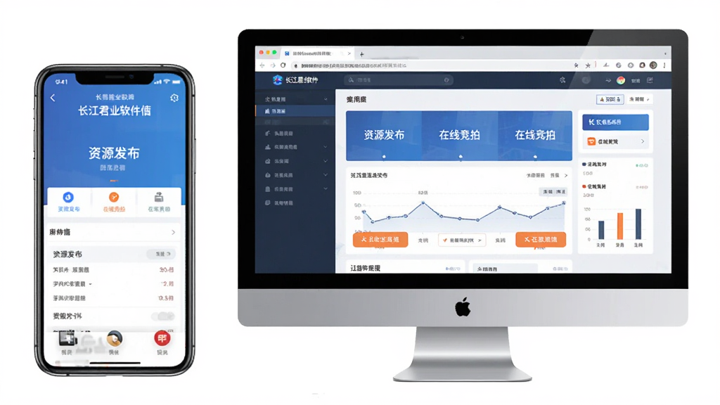 主体:长江君业软件的使用指南页面,展示一部手机和一台电脑并排,手机屏幕上显示应用主界面,电脑屏幕显示网页版交易界面,布局左右对称,排版清晰,风格实用主义,细节包括屏幕上有“资源发布”“在线竞拍”等文字,画质干净清晰无多余元素