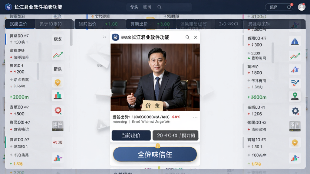 主体:长江君业软件拍卖功能界面,显示一场正在进行的线上拍卖会,拍品图片居中,下方是当前出价和倒计时,背景有出价记录滚动,布局居中对称,排版专业,风格商务大气,细节包括出价按钮高亮显示,画质清晰逼真无多余元素