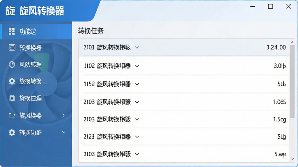 一张展示旋风转换器主界面的高清图片,界面左侧为功能列表,右侧为转换任务队列,整体风格简洁明亮,突出软件名称“旋风转换器”,布局清晰,排版规整,现代扁平化设计,画质细腻,干净无多余元素