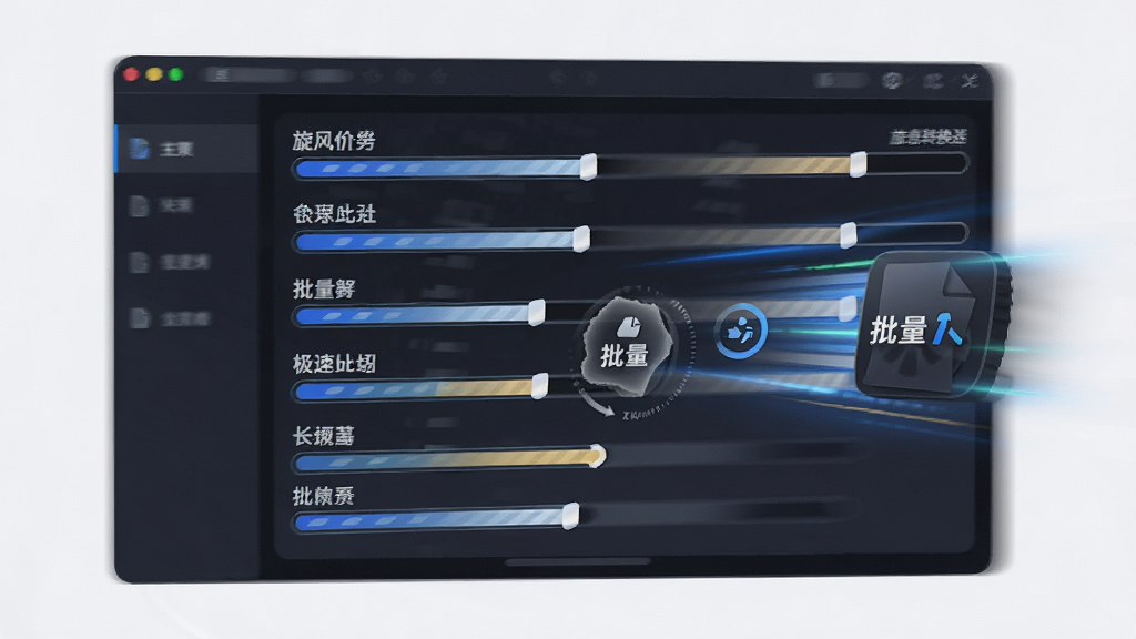 一张动态效果图,展示旋风转换器同时处理多个文件转换任务,界面中多个进度条快速前进,突出“极速”与“批量”特点,画面动感十足,画质清晰,干净无多余元素
