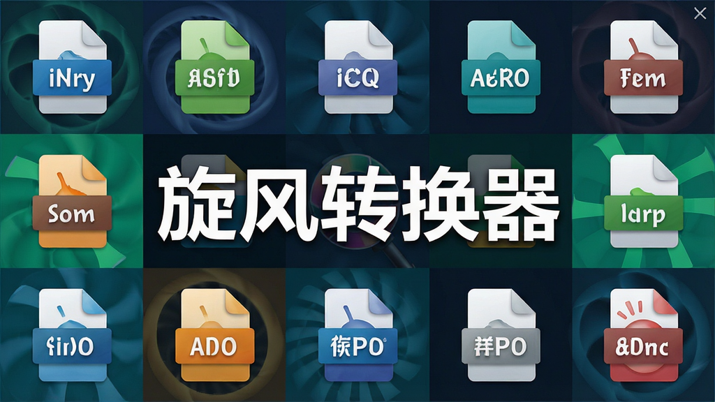 一张展示旋风转换器格式库的截图,屏幕中罗列了各种常见格式的图标,中心位置有“旋风转换器”字样,布局整洁,色彩鲜明,画质高清,干净无多余元素