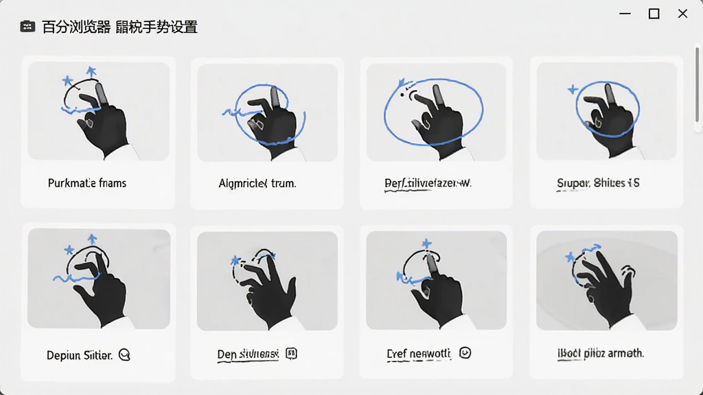 百分浏览器鼠标手势设置页面,展示各种手势轨迹示意图,背景为浅灰色,设置项清晰排列,配有文字说明,画质干净,无多余元素