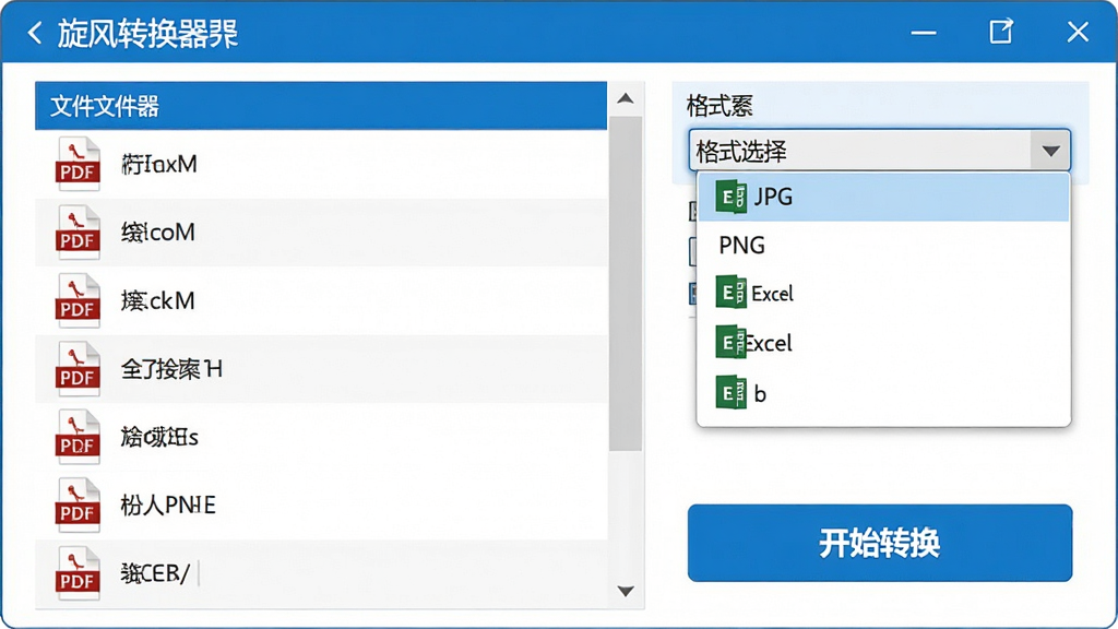 主体:一个电脑界面展示旋风转换器的批量转换功能,左侧是文件列表,右侧是格式选择下拉菜单,下方有“开始转换”按钮。布局:左右分栏,清晰明了。排版:列表项整齐排列,按钮突出。风格:简洁商务风格,蓝白配色。细节:文件列表中显示多个PDF文件,格式菜单展开显示JPG、PNG、Excel等选项。画质:高清,干净,无多余元素。