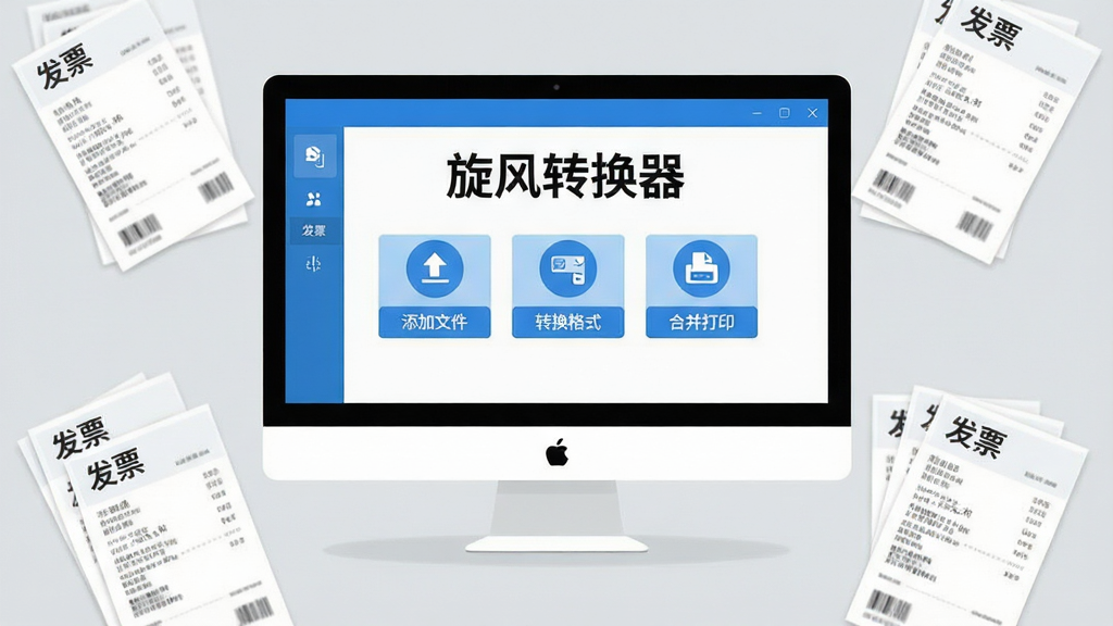 主体:简洁明亮的办公桌面,一台电脑屏幕显示旋风转换器主界面,界面包含“添加文件”、“转换格式”、“合并打印”等按钮,桌面上散落着几张发票纸张。布局:电脑屏幕居中,发票在周围环绕,整体画面均衡。排版:主界面图标清晰,功能分区明确,背景为浅灰色调。风格:现代扁平化设计,色彩以蓝白为主,干净清爽。细节:发票上的文字隐约可见“发票”字样,屏幕中软件名称“旋风转换器”醒目显示。画质:高清,干净,无多余元素。