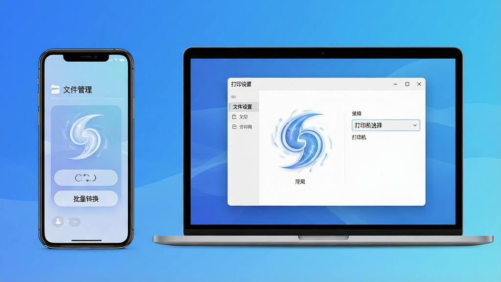 主体:一部智能手机和一台笔记本电脑并排放置,屏幕上均显示旋风转换器的操作界面,手机屏幕上有“文件管理”选项,电脑屏幕上有“打印设置”窗口。布局:手机在左,电脑在右,背景为渐变蓝色。排版:界面元素清晰,按钮圆润。风格:科技感现代风格。细节:手机屏幕显示“批量转换”按钮,电脑屏幕显示“打印机选择”下拉菜单。画质:高清,干净,无多余元素。