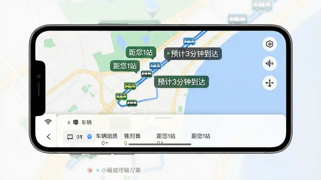 画面主体为手机横屏界面,展示公交地铁掌上查的实时车辆追踪功能,地图上多个公交车图标沿路线移动,并显示“距您1站”和“预计3分钟到达”的提示气泡,布局为上下分屏,上方为地图,下方为车辆列表,风格简约清晰,细节上突出实时数据更新和定位精准度,画质高清,干净,无多余元素