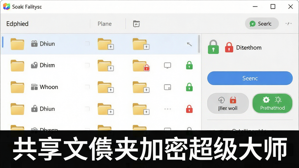 生成一张展示共享文件夹加密超级大师主界面的图片,界面包含文件夹列表、加密状态图标和操作按钮,布局清晰,风格简洁现代,细节包括绿色解锁与红色锁定标识,画质高清干净,无多余元素,图片上文字标注“共享文件夹加密超级大师”