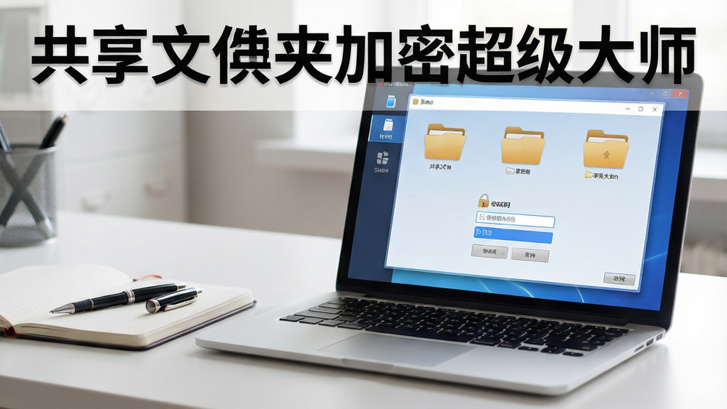 生成一张展示共享文件夹加密超级大师使用场景的图片,画面为一台笔记本电脑屏幕上显示软件界面,旁边放着一本笔记本和笔,背景是简洁的书桌,风格写实,布局自然,细节包括屏幕上的文件夹图标和密码输入框,画质高清干净,无多余元素,图片上文字标注“共享文件夹加密超级大师”