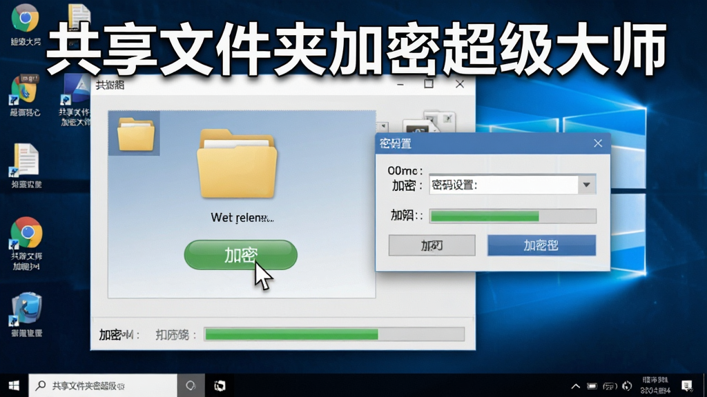 生成一张展示共享文件夹加密超级大师加密过程的图片,界面显示选中文件夹后点击加密按钮,弹出密码设置框,背景为电脑桌面,布局直观,风格写实,细节包括鼠标指针和加密进度条,画质清晰干净,无多余元素,图片上文字标注“共享文件夹加密超级大师”