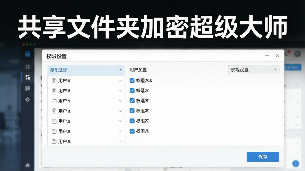 生成一张展示共享文件夹加密超级大师权限管理功能的图片,界面显示权限设置面板,包含用户列表和权限勾选项,风格商务简洁,布局清晰,细节包括下拉菜单和保存按钮,画质高清干净,无多余元素,图片上文字标注“共享文件夹加密超级大师”