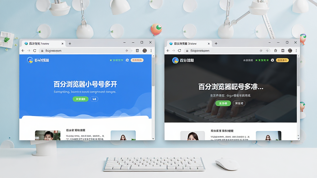 展示“百分浏览器”小号多开窗口的界面,屏幕上并排显示两个浏览器窗口,分别登录不同账号的网页,背景为简洁的桌面,布局对称,色彩明快,细节清晰,画质干净,无多余元素
