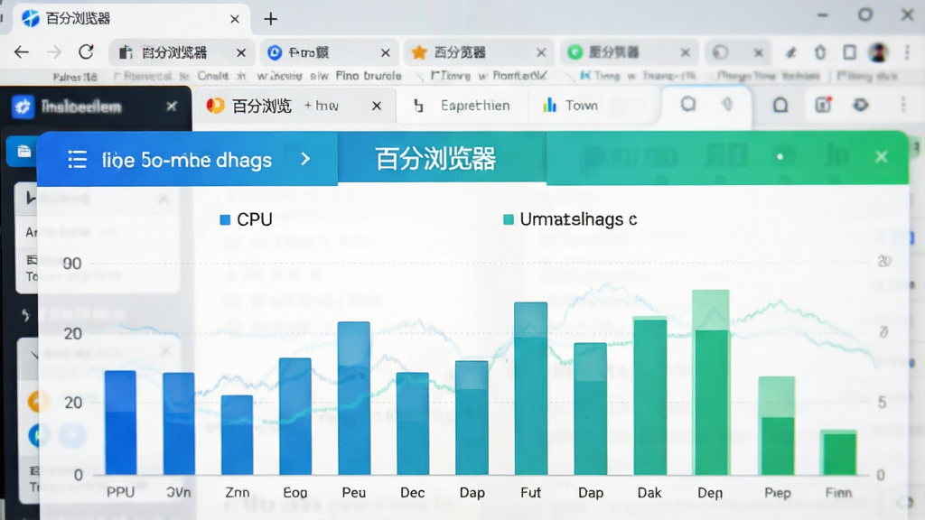 显示“百分浏览器”性能监控图表的特写画面,背景为浏览器多标签页打开的实景,前景是CPU与内存占用率的柱状图,图表配色为蓝绿渐变,布局清晰,风格专业,画质干净,无多余元素