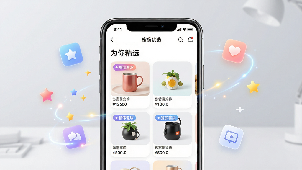 ���壺�����Ƽ�����ʾ��ͼ��������һ���ֻ���Ļչʾ��������ѡ��APP�Ƽ�ҳ�棬ҳ�涥����ʾ��Ϊ�㾫ѡ���������·��Ƕ����Ʒ��Ƭ�����С�����ϲ����С��ǩ�����֣��ֻ����У���Ļ���ݷŴ�չʾ����Χ���������Ƽ�ͼ�������Ԫ�أ���������ƥ�䡣�Ű棺��Ļ����Ʒ��Ƭ������״���У�ÿ�ſ�Ƭ������Ʒͼ�ͼ۸��ǩ�������������򡣷�񣺿Ƽ�����������ںϣ�����Ϊǳ��ɫ���䣬��ƬԲ�Ǵ�����ɫ��������͡�ϸ�ڣ��Ƽ���ǩ���ж�̬��Ч����Ļ����״̬��ʱ���������ֻ��߿�����ʸУ����汳���ɾ������ʣ��߷ֱ�����Ⱦ��ϸ�ڷḻ������ɾ��޶���Ԫ�ء�