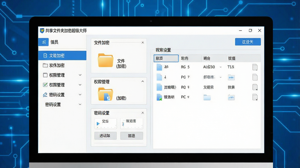 主体为电脑屏幕中显示“共享文件夹加密超级大师”软件界面的特写,界面包含文件夹加密、权限管理、密码设置等功能模块。布局以软件操作界面为中心,四周有简洁的蓝色科技感背景。排版采用左右分栏设计,左侧为功能列表,右侧为操作区域。风格为现代简约科技风,细节包括清晰的菜单按钮和文件列表,画质高清干净,无多余元素。