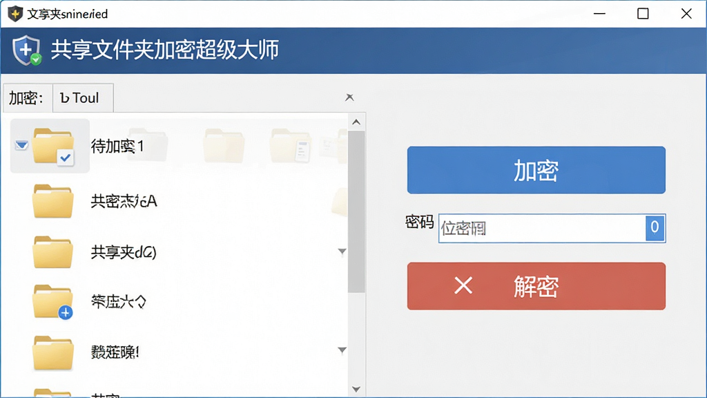 图片主体为“共享文件夹加密超级大师”软件中文件夹加解密功能的操作界面,左侧显示待加密的文件夹列表,右侧有“加密”和“解密”按钮。布局清晰,排版规整,风格为商务简洁风。细节包括文件夹图标和密码输入框,画质高清干净,无多余元素。