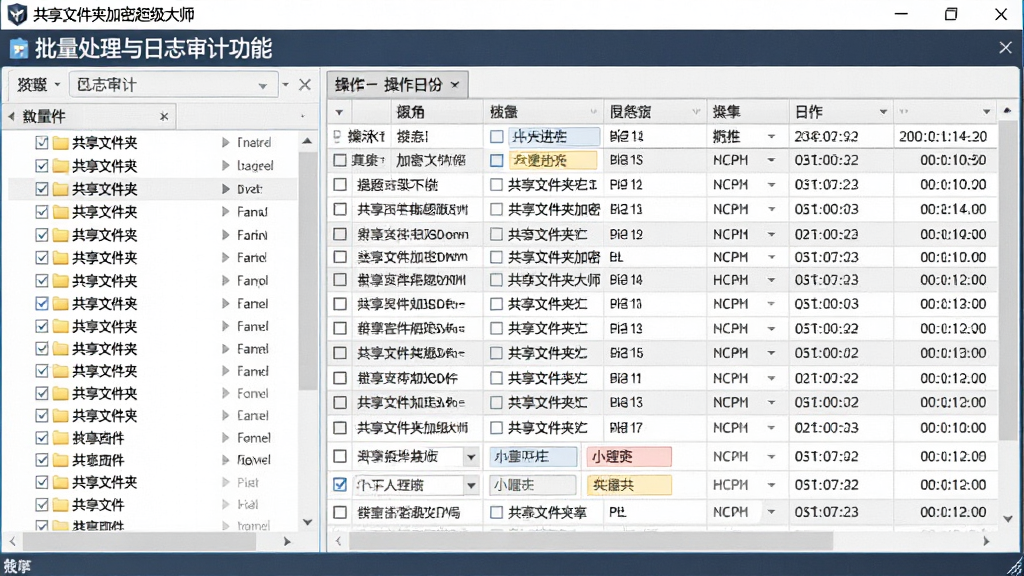 图片主体为“共享文件夹加密超级大师”软件中批量处理与日志审计功能的界面,界面左侧为文件夹列表,右侧为操作日志表格。布局为左右分栏,排版密集但整齐,风格为专业商务风。细节包括勾选框和日志时间戳,画质高清干净,无多余元素。