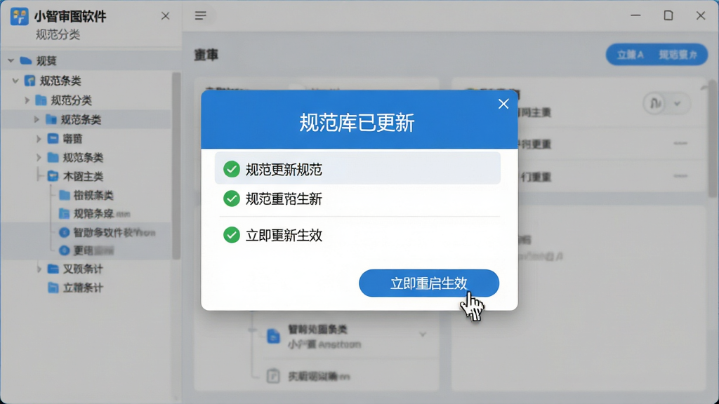 ���壺С����ͼ�����Ĺ淶����½��棬��Ļ������ʾ���淶���Ѹ��¡��������·��г�������µĹ淶��Ŀ�����֣��������У�����Ϊ���������棬���Ϊ�淶���������Ű棺������Ŀ���б���ʽ���֣�ÿ��ǰ������ɫ�Թ�ͼ�ꡣ����ִ���Լ��������ɫ��ϸ�ڣ������ײ��С�����������Ч����ť�����ָ����ͣ�ڰ�ť�ϡ����ʣ����壬�ɾ��޶���Ԫ��