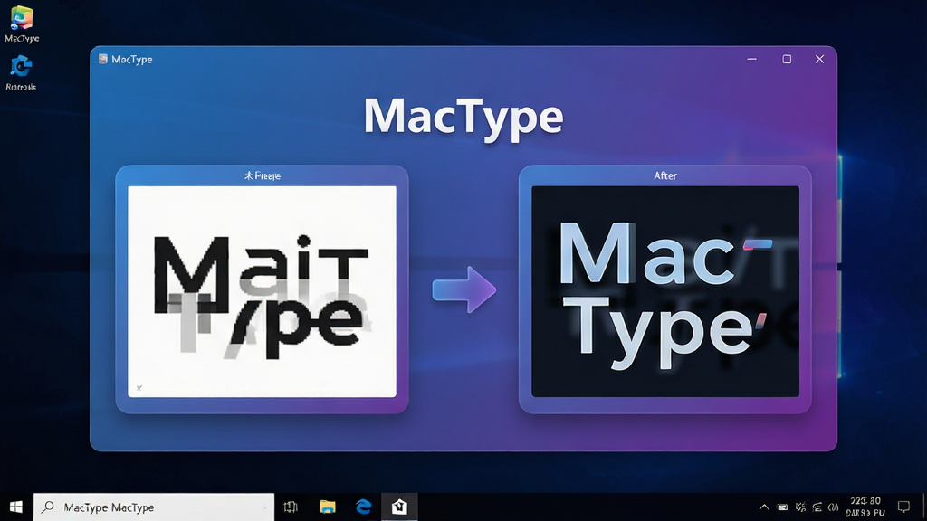 主体:MacType软件界面悬浮在Windows桌面上的效果展示,中央显示
