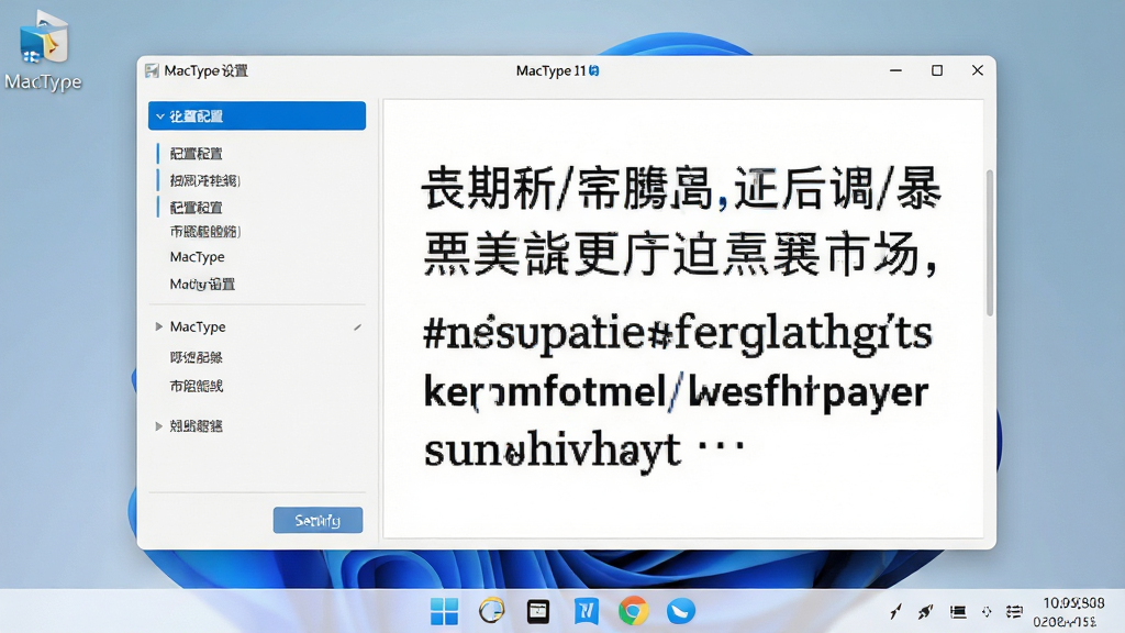 主体:MacType软件在Windows 11系统上运行的桌面截图,展示设置界面与字体预览窗口。布局:左侧为配置列表,右侧为字体预览区域,显示一段中文与英文文字,背景为浅色桌面壁纸。排版:设置窗口居中,字体预览区域占大部分,按钮清晰。风格:简约商务风格,蓝白配色,字体清晰。细节:界面无冗余元素,字体边缘平滑,显示“MacType 设置”标题。画质:高清,干净,无多余元素。